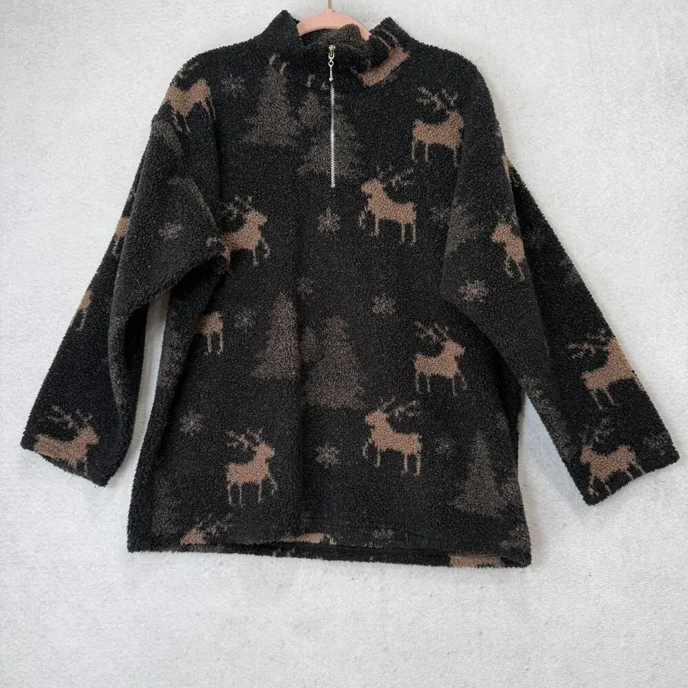 Alias Sweater Womens Large Black Fleece 1/4 Zip Reindeer Trees Mock Neck cabin